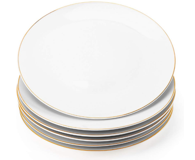 10.5” Porcelain Coupe Dinner Plates with Golden Rim, Stackable Off-White Ceramic Round Serving Plate for Salad, Dessert, Steak, Pasta (Set of 6)