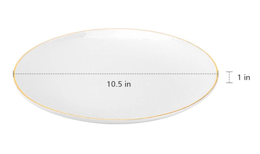10.5” Porcelain Coupe Dinner Plates with Golden Rim, Stackable Off-White Ceramic Round Serving Plate for Salad, Dessert, Steak, Pasta (Set of 6)