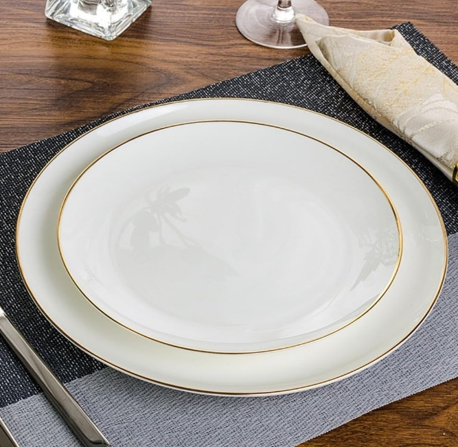 10.5” Porcelain Coupe Dinner Plates with Golden Rim, Stackable Off-White Ceramic Round Serving Plate for Salad, Dessert, Steak, Pasta (Set of 6)