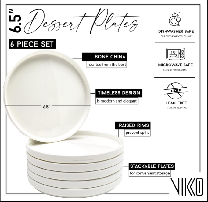 Salad Plate, Set of 6 White Plates, Bone China, Stackable 6.5 Inch Dessert Plates