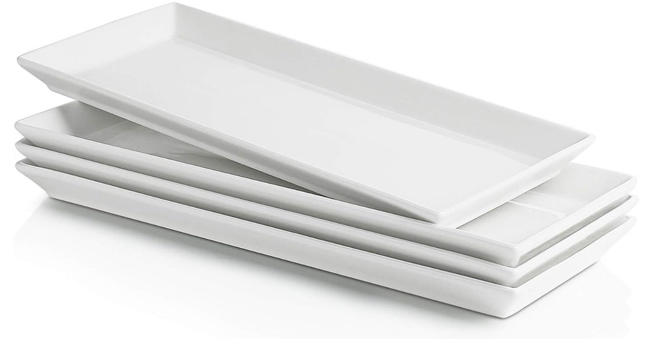 White Rectangular Platters, Porcelain Serving Plates for Parties - 11.7 Inch, Set of 4