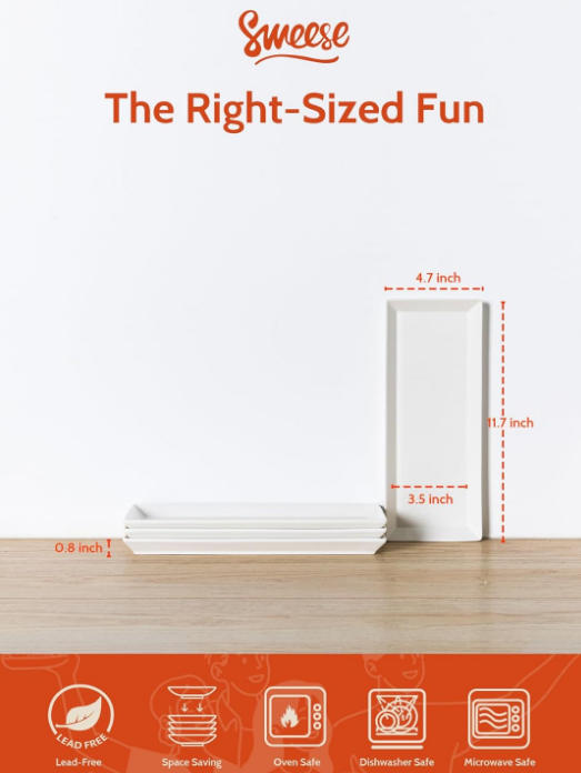 White Rectangular Platters, Porcelain Serving Plates for Parties - 11.7 Inch, Set of 4