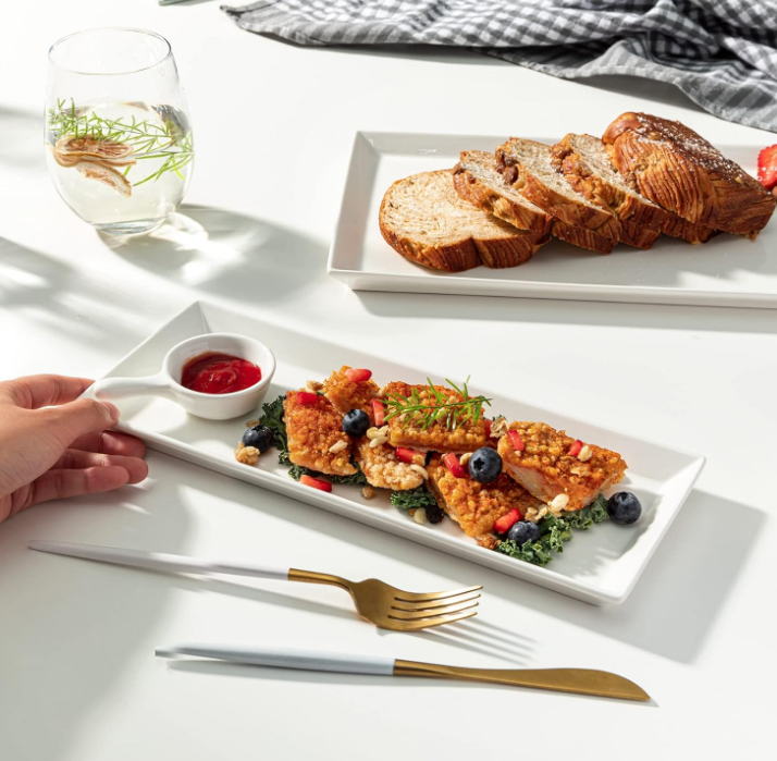 White Rectangular Platters, Porcelain Serving Plates for Parties - 11.7 Inch, Set of 4