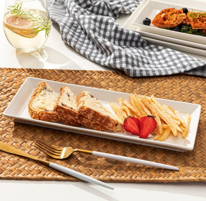 White Rectangular Platters, Porcelain Serving Plates for Parties - 11.7 Inch, Set of 4