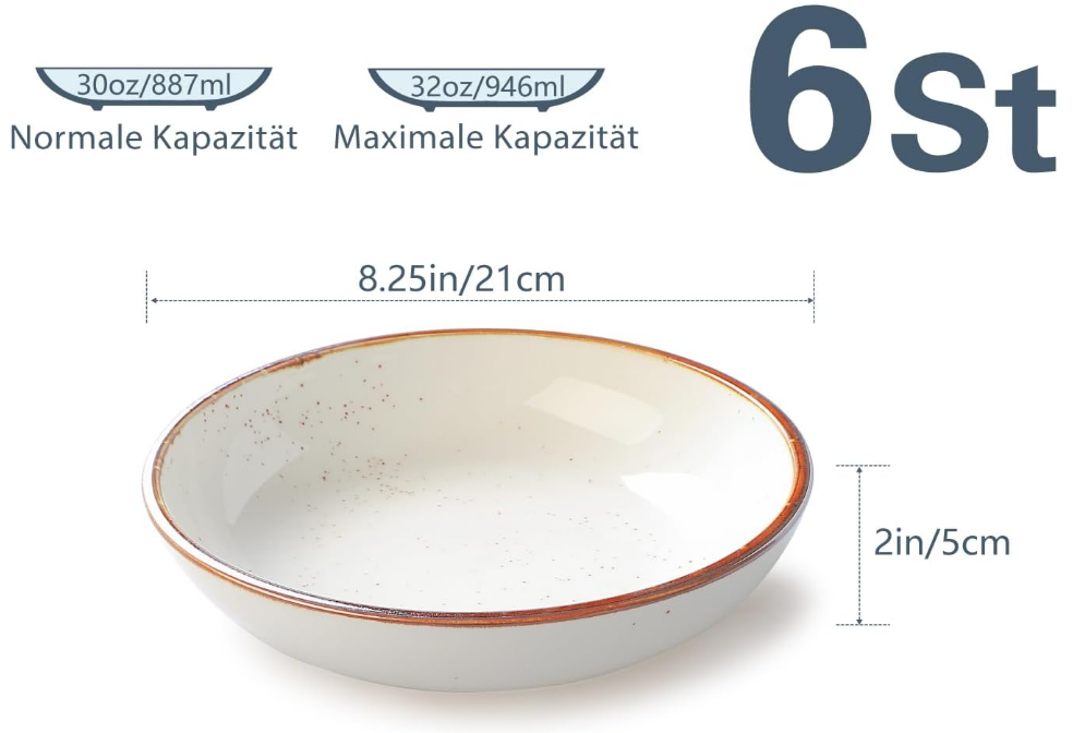 30 Oz Porcelain Salad Pasta Bowls, Shallow & Wide Bowls Plates Set of 6, Large Ceramic Serving Bowls for Soup, Dessert, Pizza, Fruit. Microwave & Dishwasher Safe Kitchen Dinnerware, White