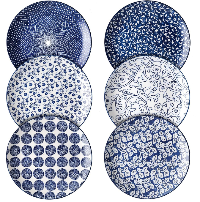 8 inch Porcelain Dinner Plates, Large Size Serving Plate for Salad, Pancakes, Steak, Set of 6, Vintage Blue