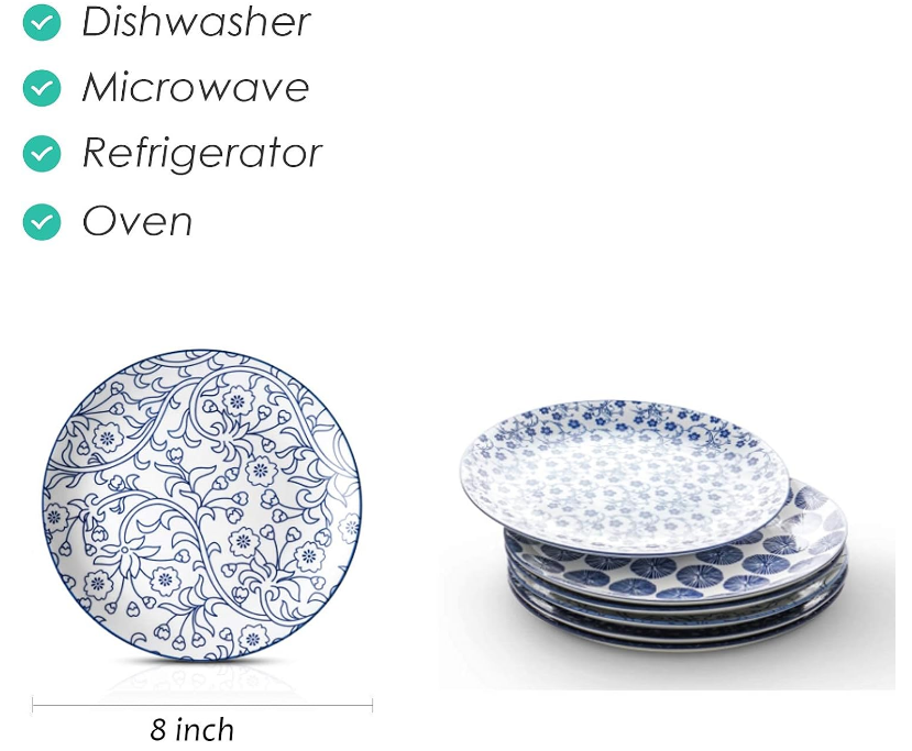 8 inch Porcelain Dinner Plates, Large Size Serving Plate for Salad, Pancakes, Steak, Set of 6, Vintage Blue