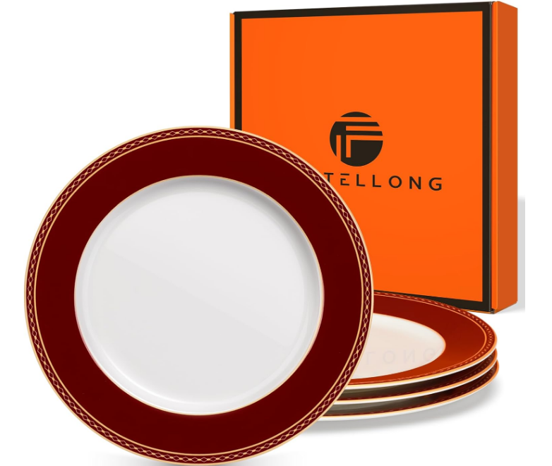 Red Salad Plates Set of 4, 8 inch Porcelain Dessert Plates, Lightweight Ceramic Outdoor Kitchen Dinner Plates, Dishwasher & Microwave Safe China Set