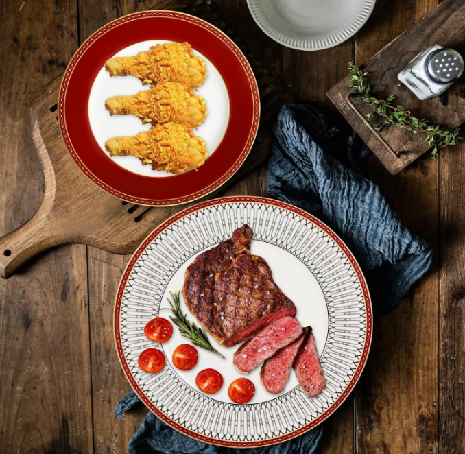 Red Salad Plates Set of 4, 8 inch Porcelain Dessert Plates, Lightweight Ceramic Outdoor Kitchen Dinner Plates, Dishwasher & Microwave Safe China Set