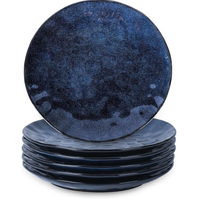 Ceramic Dinner Plates Set, 10.5 Inch, Set of 6, Round, Microwave, Oven, Dishwasher Safe, Porcelain Fluted Suitable for Steak, Pasta, Pizza, Home, Party, Restaurant (Blue)