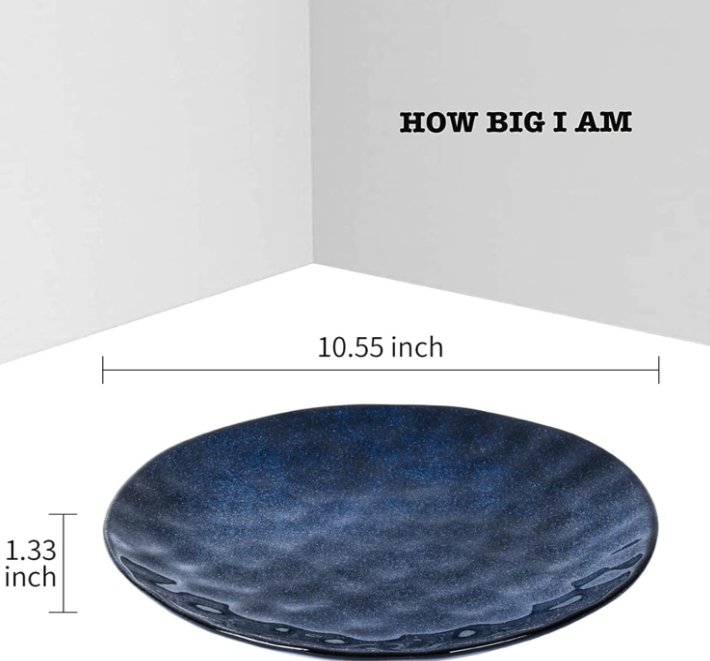 Ceramic Dinner Plates Set, 10.5 Inch, Set of 6, Round, Microwave, Oven, Dishwasher Safe, Porcelain Fluted Suitable for Steak, Pasta, Pizza, Home, Party, Restaurant (Blue)