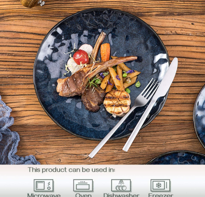 Ceramic Dinner Plates Set, 10.5 Inch, Set of 6, Round, Microwave, Oven, Dishwasher Safe, Porcelain Fluted Suitable for Steak, Pasta, Pizza, Home, Party, Restaurant (Blue)