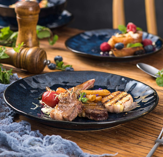 Ceramic Dinner Plates Set, 10.5 Inch, Set of 6, Round, Microwave, Oven, Dishwasher Safe, Porcelain Fluted Suitable for Steak, Pasta, Pizza, Home, Party, Restaurant (Blue)