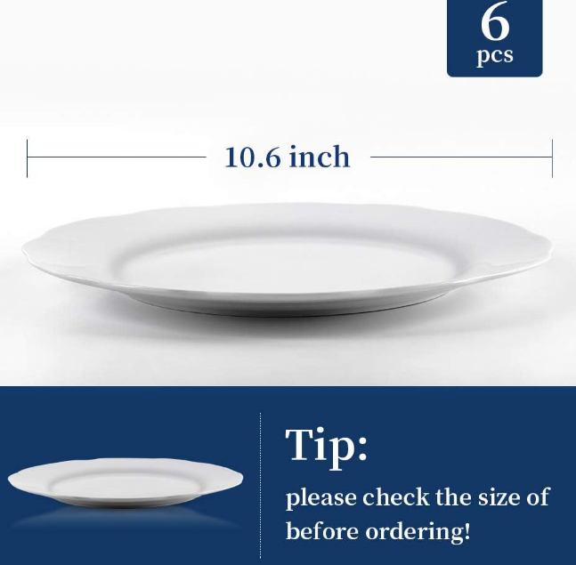 Ceramic Dinner Plates, 10.6 Inch Porcelain Scalloped Plates, Off-White Serving Dishes Set of 6 for Home Kitchen, Microwave & Dishwasher Safe, Dinnerware Dishes Gift for Christmas