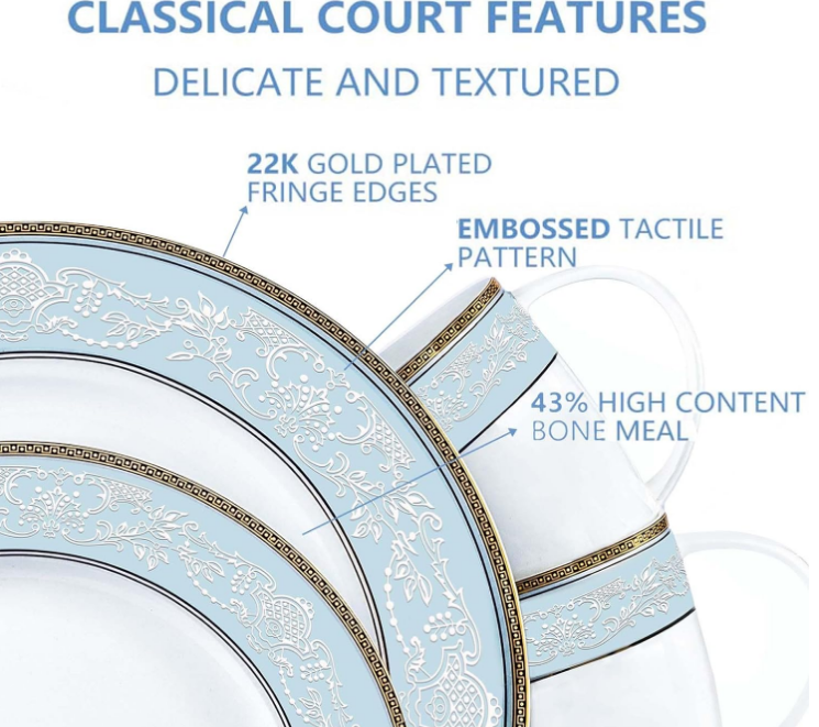 Fine Bone China Dinner Plates Sets, 4 Pcs Classic Relief Pattern Gilt Edged High Grade 10.5 inch Dinnerware Sets For 4 People
