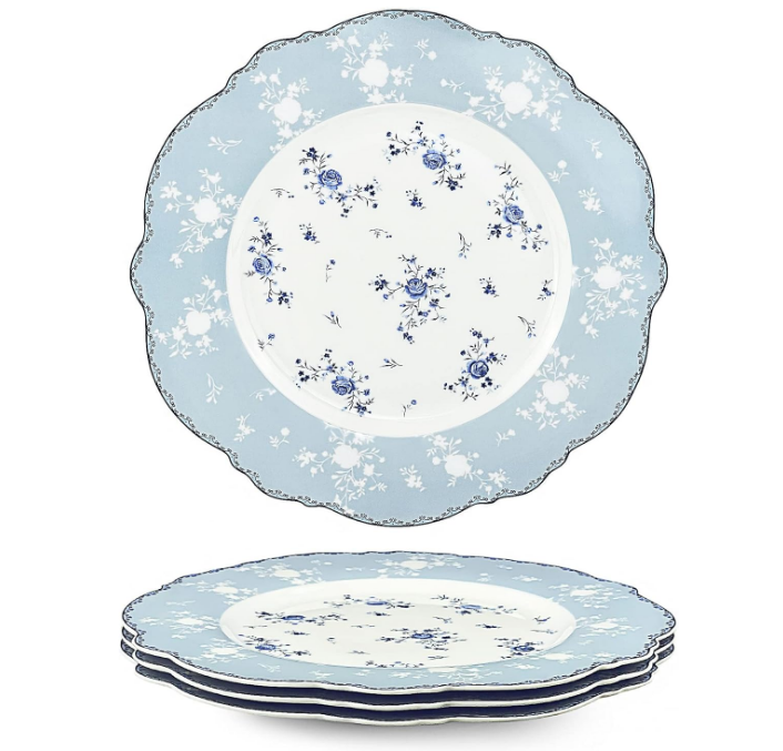 10 Inch Porcelain Dinner Plates Set of 4, Lace Dishes Set for Salad, Pasta, Soup, Dessert, Blue Roses