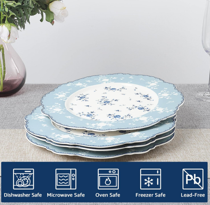  10 Inch Porcelain Dinner Plates Set of 4, Lace Dishes Set for Salad, Pasta, Soup, Dessert, Blue Roses