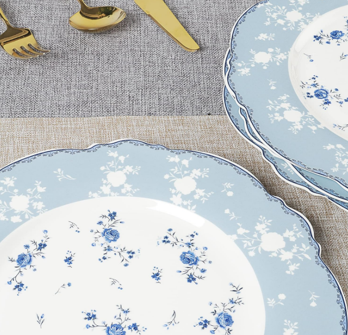  10 Inch Porcelain Dinner Plates Set of 4, Lace Dishes Set for Salad, Pasta, Soup, Dessert, Blue Roses