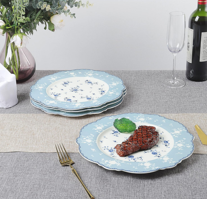  10 Inch Porcelain Dinner Plates Set of 4, Lace Dishes Set for Salad, Pasta, Soup, Dessert, Blue Roses