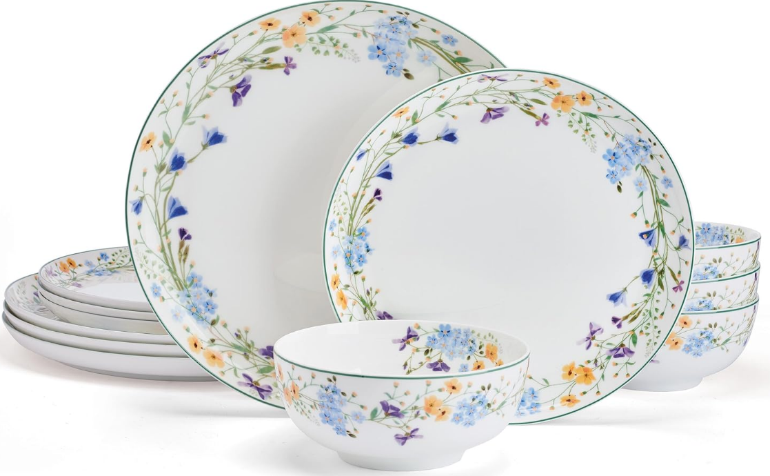Quinn Lightweight Bone China 12 Piece Dinnerware Plate Bowl Set, Service for 4