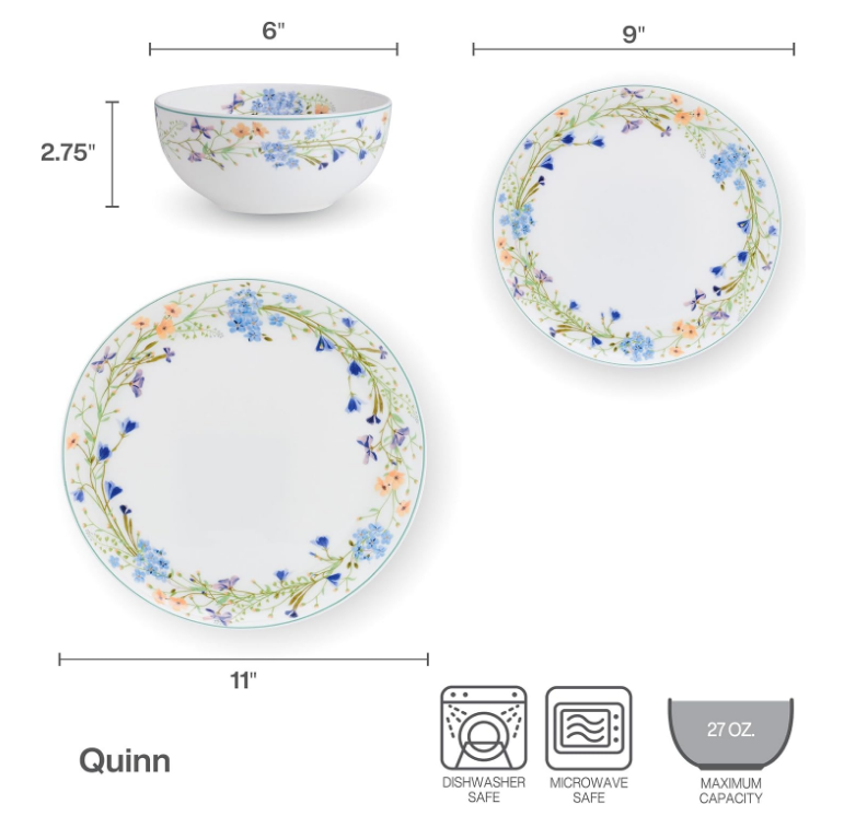 Quinn Lightweight Bone China 12 Piece Dinnerware Plate Bowl Set, Service for 4