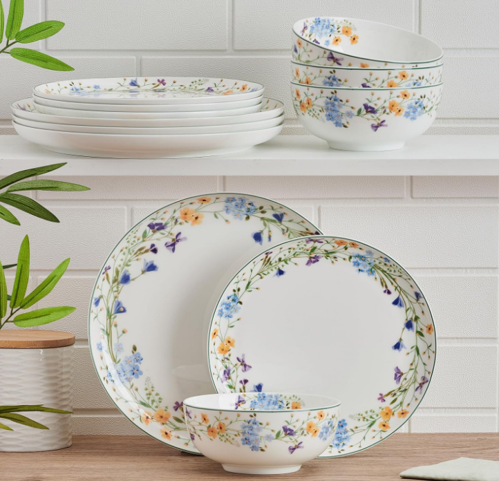 Quinn Lightweight Bone China 12 Piece Dinnerware Plate Bowl Set, Service for 4