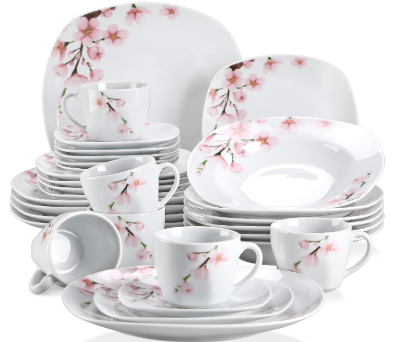 Series Annie, Porcelain Dinnerware Sets for 6, White Dish Set with Pink Floral, 30 PCS Dinner Sets Including Dinner Plates, Dessert Plates, Soup Plates Set, Cups & Saucers