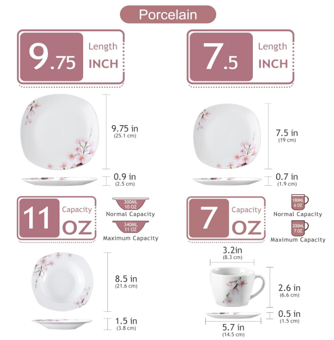 Series Annie, Porcelain Dinnerware Sets for 6, White Dish Set with Pink Floral, 30 PCS Dinner Sets Including Dinner Plates, Dessert Plates, Soup Plates Set, Cups & Saucers