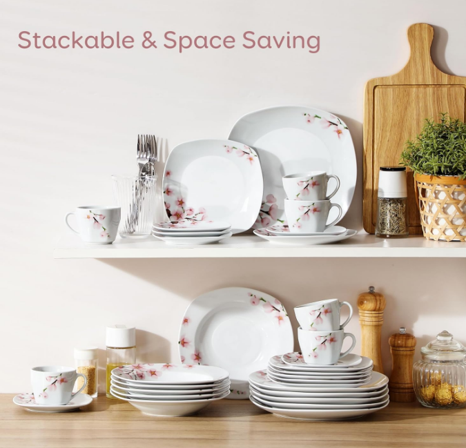 Series Annie, Porcelain Dinnerware Sets for 6, White Dish Set with Pink Floral, 30 PCS Dinner Sets Including Dinner Plates, Dessert Plates, Soup Plates Set, Cups & Saucers