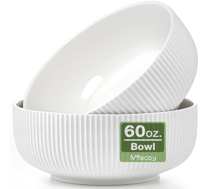 2 Pack Salad Bowl, 8 inch 60 oz Large Serving Bowl Set, Deep Bowl for Kitchen, White Ceramic Bowl Set for Soup, Cereal, Ramen, Pasta, Salad, Dishwasher & Microwave Safe, Easy Clean