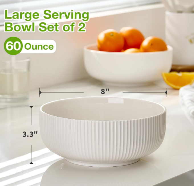 2 Pack Salad Bowl, 8 inch 60 oz Large Serving Bowl Set, Deep Bowl for Kitchen, White Ceramic Bowl Set for Soup, Cereal, Ramen, Pasta, Salad, Dishwasher & Microwave Safe, Easy Clean