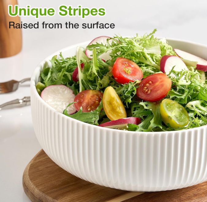 2 Pack Salad Bowl, 8 inch 60 oz Large Serving Bowl Set, Deep Bowl for Kitchen, White Ceramic Bowl Set for Soup, Cereal, Ramen, Pasta, Salad, Dishwasher & Microwave Safe, Easy Clean