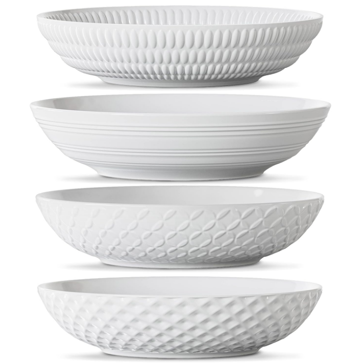 Set of 4 White 34oz Porcelain Dinner Bowls - Dishwasher-Safe Textured 8.5" Bowls For Soup, Pasta, Cereal