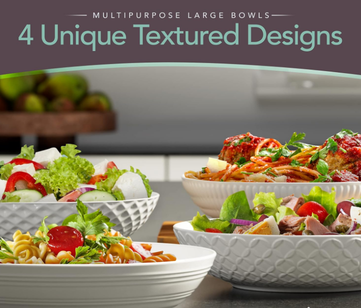 Set of 4 White 34oz Porcelain Dinner Bowls - Dishwasher-Safe Textured 8.5" Bowls For Soup, Pasta, Cereal