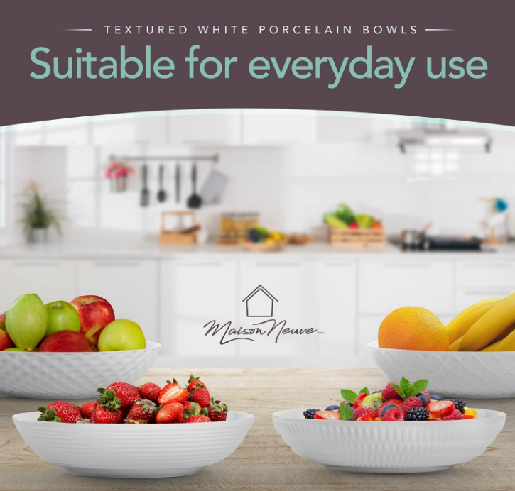 Set of 4 White 34oz Porcelain Dinner Bowls - Dishwasher-Safe Textured 8.5" Bowls For Soup, Pasta, Cereal