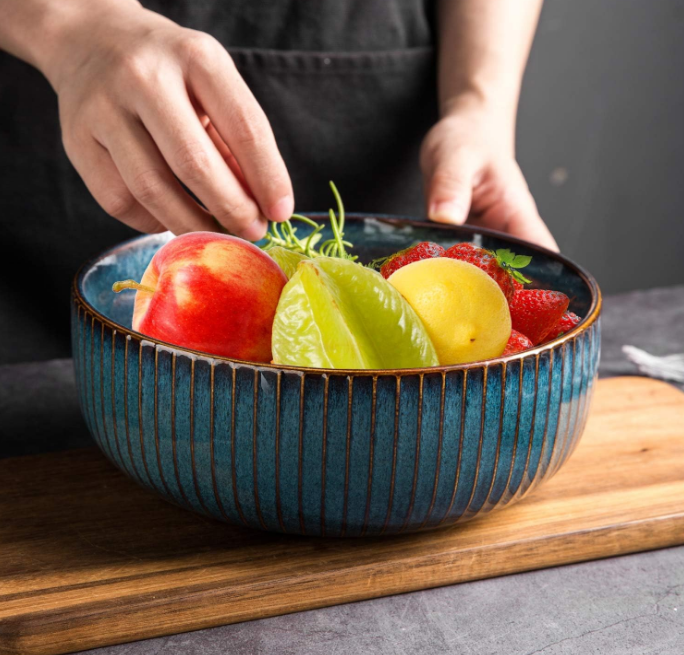 Salad Bowl 66 Oz, 8" Large Soup Bowls, Porcelain Round Serving Bowl Blue Decorative Bowl for Salad, Chip, Cereal, Fruits and Pasta (1pc)