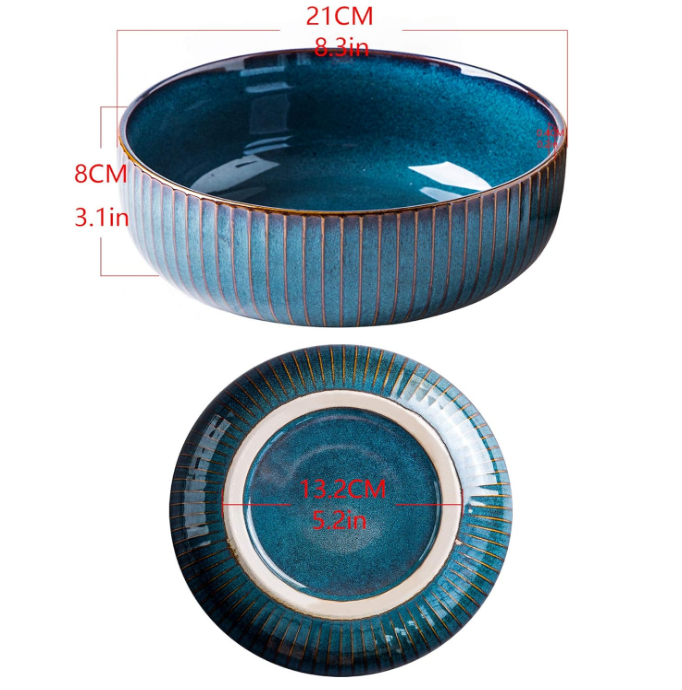 Salad Bowl 66 Oz, 8" Large Soup Bowls, Porcelain Round Serving Bowl Blue Decorative Bowl for Salad, Chip, Cereal, Fruits and Pasta (1pc)