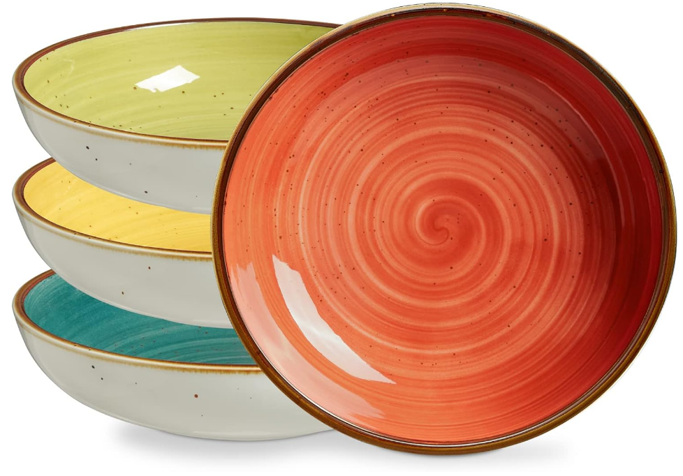 Pasta Bowls 30 Ounce Porcelain Salad Bowls Shallow Bowls for Pasta Set of 4 Shallow Bowl Plates, Microwave & Dishwasher Safe, Assorted Color