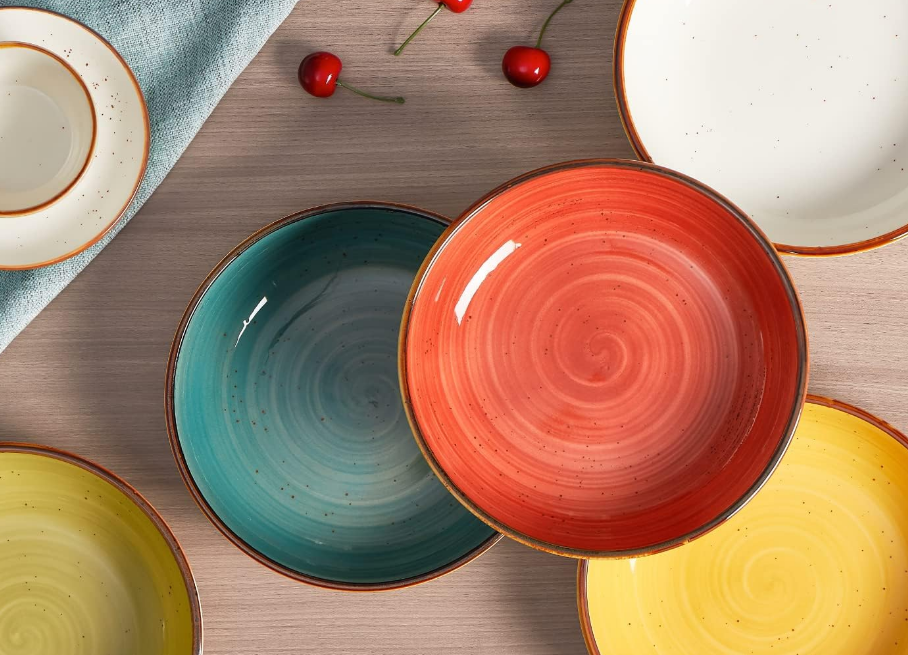 Pasta Bowls 30 Ounce Porcelain Salad Bowls Shallow Bowls for Pasta Set of 4 Shallow Bowl Plates, Microwave & Dishwasher Safe, Assorted Color