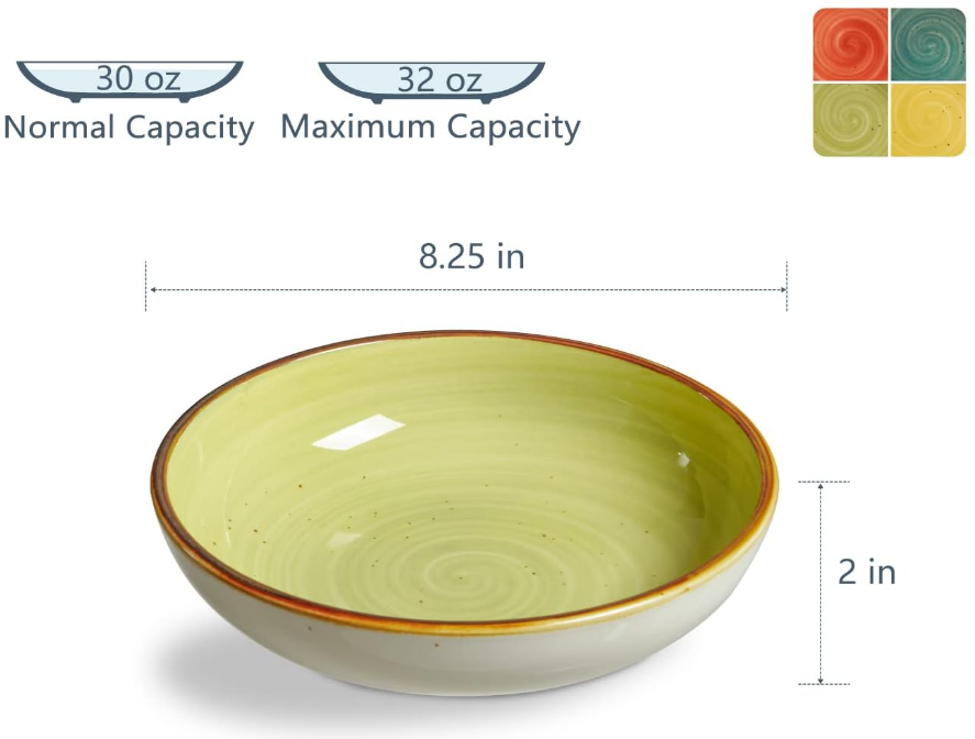 Pasta Bowls 30 Ounce Porcelain Salad Bowls Shallow Bowls for Pasta Set of 4 Shallow Bowl Plates, Microwave & Dishwasher Safe, Assorted Color