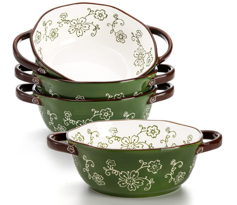 4 Pack Ceramic Soup Bowls, 22 Ounces Porcelain Serving Bowl Set with Double Handle, Large Ceramic Crocks for French Onion Soup, Stew, Pasta, Cereal, Pot Pies (Green)