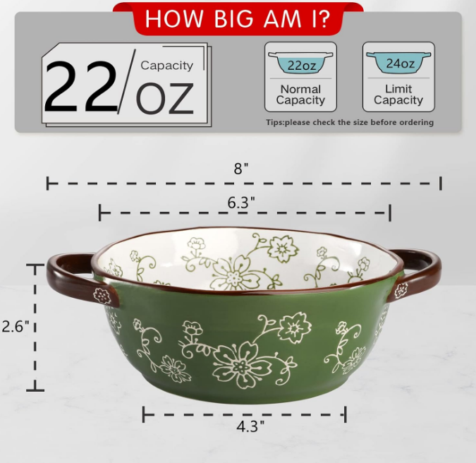 4 Pack Ceramic Soup Bowls, 22 Ounces Porcelain Serving Bowl Set with Double Handle, Large Ceramic Crocks for French Onion Soup, Stew, Pasta, Cereal, Pot Pies (Green)