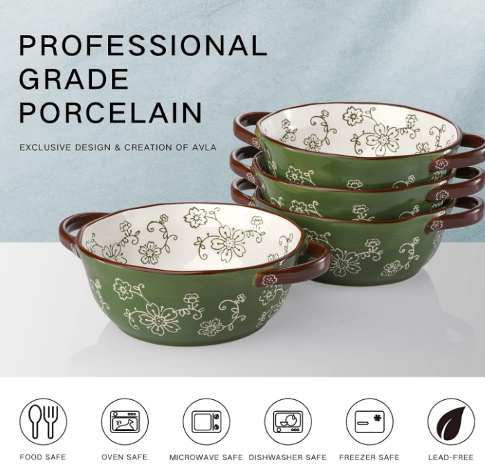 4 Pack Ceramic Soup Bowls, 22 Ounces Porcelain Serving Bowl Set with Double Handle, Large Ceramic Crocks for French Onion Soup, Stew, Pasta, Cereal, Pot Pies (Green)