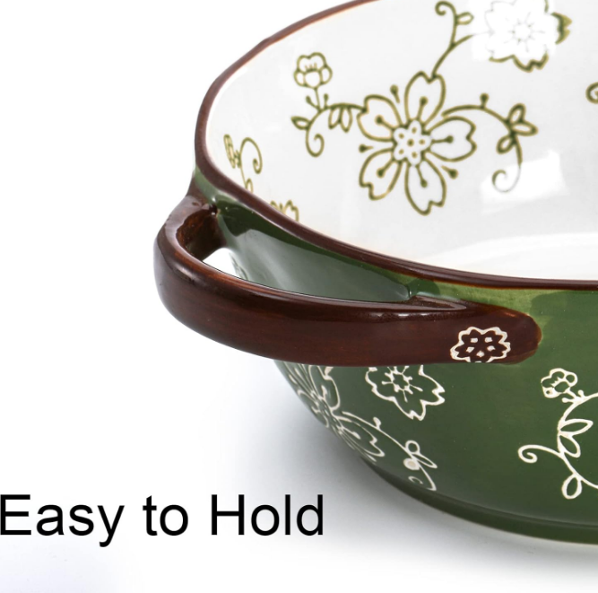 4 Pack Ceramic Soup Bowls, 22 Ounces Porcelain Serving Bowl Set with Double Handle, Large Ceramic Crocks for French Onion Soup, Stew, Pasta, Cereal, Pot Pies (Green)