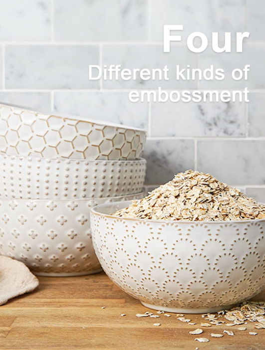 Cereal bowls 26 OZ, Ceramic Soup Bowl for Kitchen, Embossment Stoneware Bowl for Pho, Chip, Fruits, Salad, Noodle, Ramen, Suit For Housewarming - 6 Inch, Set of 4, Arctic white
