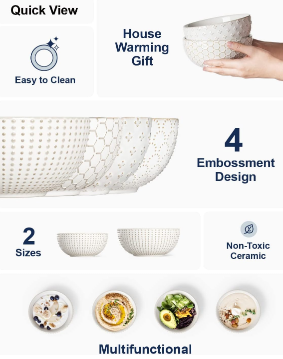 Cereal bowls 26 OZ, Ceramic Soup Bowl for Kitchen, Embossment Stoneware Bowl for Pho, Chip, Fruits, Salad, Noodle, Ramen, Suit For Housewarming - 6 Inch, Set of 4, Arctic white