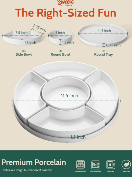 Porcelain Divided Serving Dishes, Relish Tray, Serving Bowls for Parties - Perfect for Chips and Dip, Veggies, Candy and Snacks, White