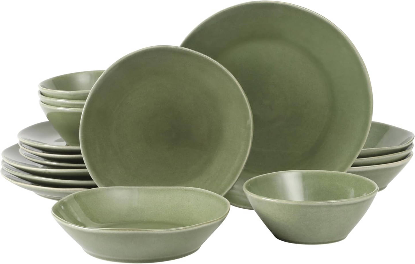 Santorini Mist Double Bowl Terracotta Reactive Glaze Plates and Bowls Dinnerware Set - Moonstone White, Service for Four (16pcs) Verde Chipre
