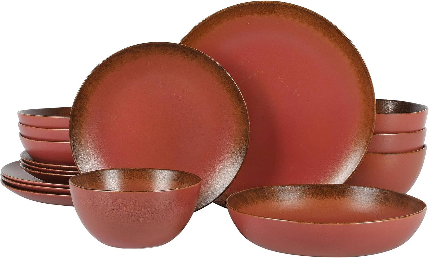 Santorini Mist Double Bowl Terracotta Reactive Glaze Plates and Bowls Dinnerware Set - Moonstone White, Service for Four (16pcs) rojo paprika