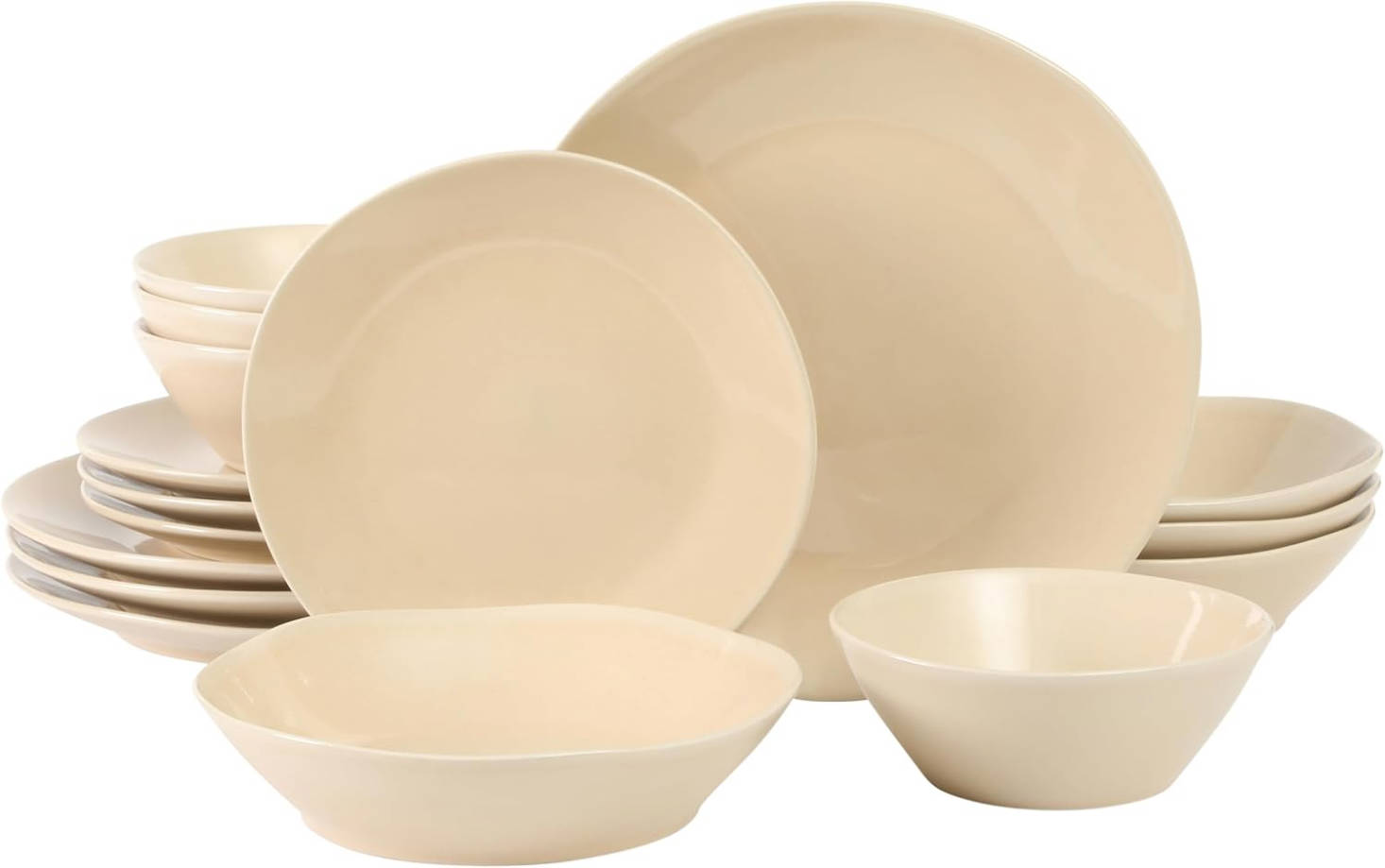 Santorini Mist Double Bowl Terracotta Reactive Glaze Plates and Bowls Dinnerware Set - Moonstone White, Service for Four (16pcs) Crema de Mármol Dawn